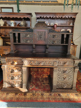 Load image into Gallery viewer, Victorian Large Heavily Carved Oak Green Man Twin Pedestal Desk