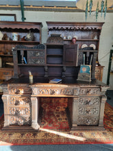 Load image into Gallery viewer, Victorian Large Heavily Carved Oak Green Man Twin Pedestal Desk