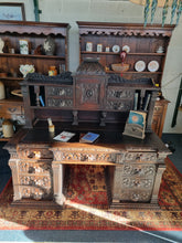 Load image into Gallery viewer, Victorian Large Heavily Carved Oak Green Man Twin Pedestal Desk