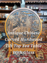 Load image into Gallery viewer, Antique Chinese Carved Hardwood Tilt Top Tea Table With Glass
