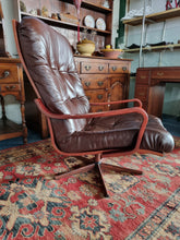 Load image into Gallery viewer, Mid Century Bentwood  Brown Leather Swivel Armchair