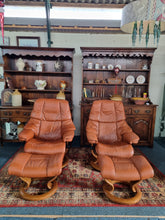 Load image into Gallery viewer, Pair of Stressless Ekornes Reno Armchairs and Footstools in Paloma with a Teak Finish
