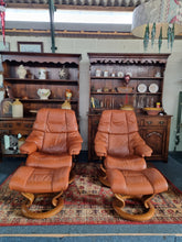 Load image into Gallery viewer, Pair of Stressless Ekornes Reno Armchairs and Footstools in Paloma with a Teak Finish