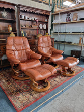 Load image into Gallery viewer, Pair of Stressless Ekornes Reno Armchairs and Footstools in Paloma with a Teak Finish