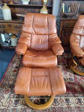Load image into Gallery viewer, Pair of Stressless Ekornes Reno Armchairs and Footstools in Paloma with a Teak Finish