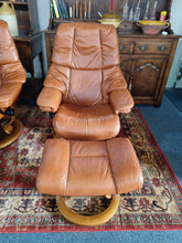 Load image into Gallery viewer, Pair of Stressless Ekornes Reno Armchairs and Footstools in Paloma with a Teak Finish