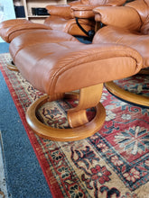 Load image into Gallery viewer, Pair of Stressless Ekornes Reno Armchairs and Footstools in Paloma with a Teak Finish