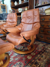 Load image into Gallery viewer, Pair of Stressless Ekornes Reno Armchairs and Footstools in Paloma with a Teak Finish