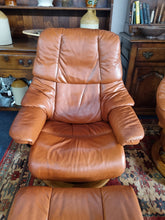 Load image into Gallery viewer, Pair of Stressless Ekornes Reno Armchairs and Footstools in Paloma with a Teak Finish