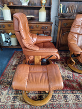 Load image into Gallery viewer, Pair of Stressless Ekornes Reno Armchairs and Footstools in Paloma with a Teak Finish