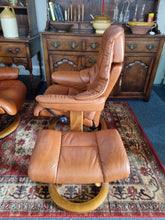 Load image into Gallery viewer, Pair of Stressless Ekornes Reno Armchairs and Footstools in Paloma with a Teak Finish
