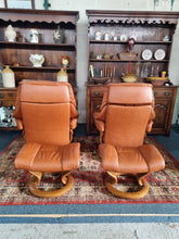 Load image into Gallery viewer, Pair of Stressless Ekornes Reno Armchairs and Footstools in Paloma with a Teak Finish