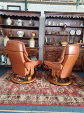 Load image into Gallery viewer, Pair of Stressless Ekornes Reno Armchairs and Footstools in Paloma with a Teak Finish