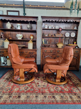 Load image into Gallery viewer, Pair of Stressless Ekornes Reno Armchairs and Footstools in Paloma with a Teak Finish