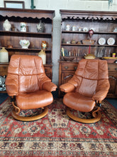 Load image into Gallery viewer, Pair of Stressless Ekornes Reno Armchairs and Footstools in Paloma with a Teak Finish