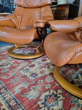 Load image into Gallery viewer, Pair of Stressless Ekornes Reno Armchairs and Footstools in Paloma with a Teak Finish