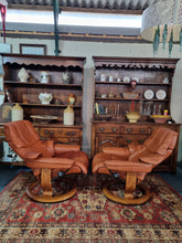 Load image into Gallery viewer, Pair of Stressless Ekornes Reno Armchairs and Footstools in Paloma with a Teak Finish