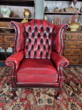 Load image into Gallery viewer, Leather Vintage Wing Back Chesterfield Armchair In Red Oxblood