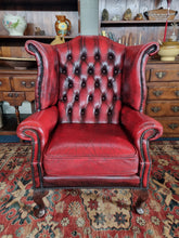 Load image into Gallery viewer, Leather Vintage Wing Back Chesterfield Armchair In Red Oxblood