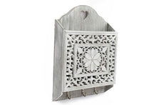 Load image into Gallery viewer, Grey Wooden 3 Hook Key Holder With Cutout Pattern Shelf
