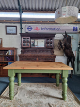 Load image into Gallery viewer, Vintage Pine Farmhouse Scrub Top Dining table with Painted Legs