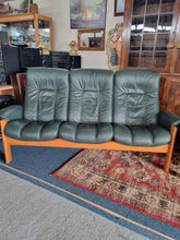 Load image into Gallery viewer, Ekornes Stressless Green Leather And Teak Three Piece Suite