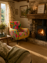 Load image into Gallery viewer, Armchair Upholstered In Yellow Velvet And Embroidered With Colourful Flowers - Charlotte Rose Interiors