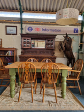 Load image into Gallery viewer, Vintage Pine Farmhouse Scrub Top Dining table with Painted Legs