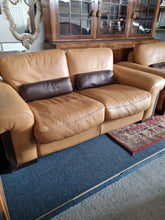 Load image into Gallery viewer, Italian tan and brown leather two seater sofa & snuggle chair