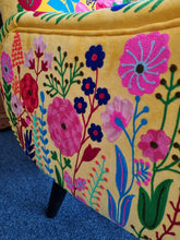 Load image into Gallery viewer, Armchair Upholstered In Yellow Velvet And Embroidered With Colourful Flowers