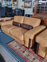 Load image into Gallery viewer, Italian tan and brown leather two seater sofa & snuggle chair