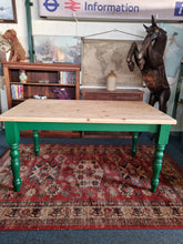 Load image into Gallery viewer, Farmhouse Scrub Top Pine Dining Table With Green Painted Legs