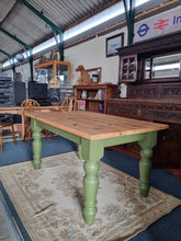 Load image into Gallery viewer, Vintage Pine Farmhouse Scrub Top Dining table with Painted Legs
