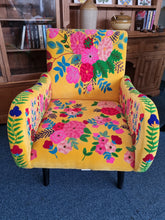 Load image into Gallery viewer, Armchair Upholstered In Yellow Velvet And Embroidered With Colourful Flowers