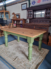 Load image into Gallery viewer, Vintage Pine Farmhouse Scrub Top Dining table with Painted Legs