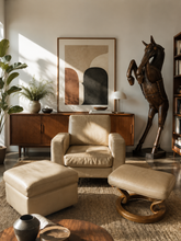 Load image into Gallery viewer, Ekornes Leather Chair and Two Foot Stools In Art Deco Style