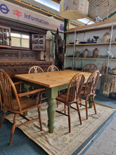 Load image into Gallery viewer, Vintage Pine Farmhouse Scrub Top Dining table with Painted Legs