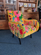 Load image into Gallery viewer, Armchair Upholstered In Yellow Velvet And Embroidered With Colourful Flowers