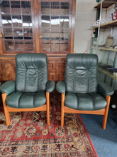 Load image into Gallery viewer, Ekornes Stressless Green Leather And Teak Three Piece Suite