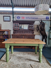 Load image into Gallery viewer, Vintage Pine Farmhouse Scrub Top Dining table with Painted Legs