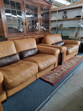 Load image into Gallery viewer, Italian tan and brown leather two seater sofa & snuggle chair