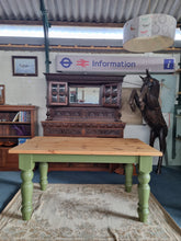 Load image into Gallery viewer, Vintage Pine Farmhouse Scrub Top Dining table with Painted Legs