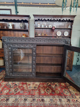 Load image into Gallery viewer, Victorian Ebonised Carved Oak Bookcase With Glazed Doors