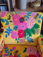 Load image into Gallery viewer, Armchair Upholstered In Yellow Velvet And Embroidered With Colourful Flowers