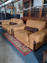 Load image into Gallery viewer, Italian tan and brown leather two seater sofa & snuggle chair
