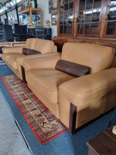 Load image into Gallery viewer, Italian tan and brown leather two seater sofa & snuggle chair