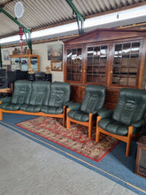 Load image into Gallery viewer, Ekornes Stressless Green Leather And Teak Three Piece Suite