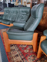 Load image into Gallery viewer, Ekornes Stressless Green Leather And Teak Three Piece Suite