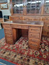 Load image into Gallery viewer, Oak Twin Pedestal Desk With Brown Leather Insert Early 20th Century