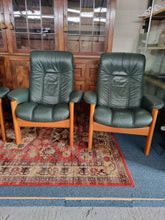 Load image into Gallery viewer, Ekornes Stressless Green Leather And Teak Three Piece Suite